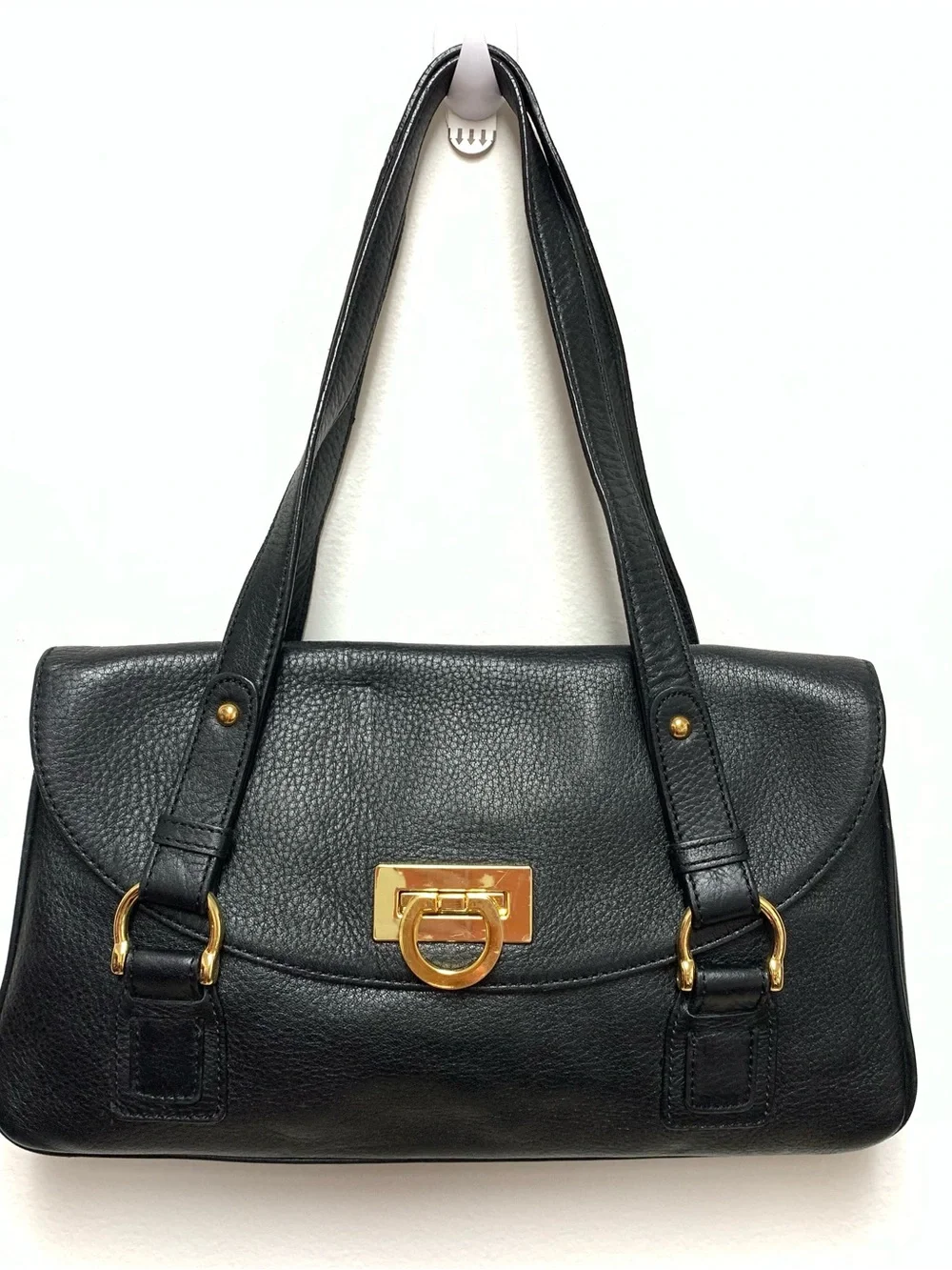 Kate Landry Leather Shoulder Bag Black Gold Hardware Harness Straps Medium